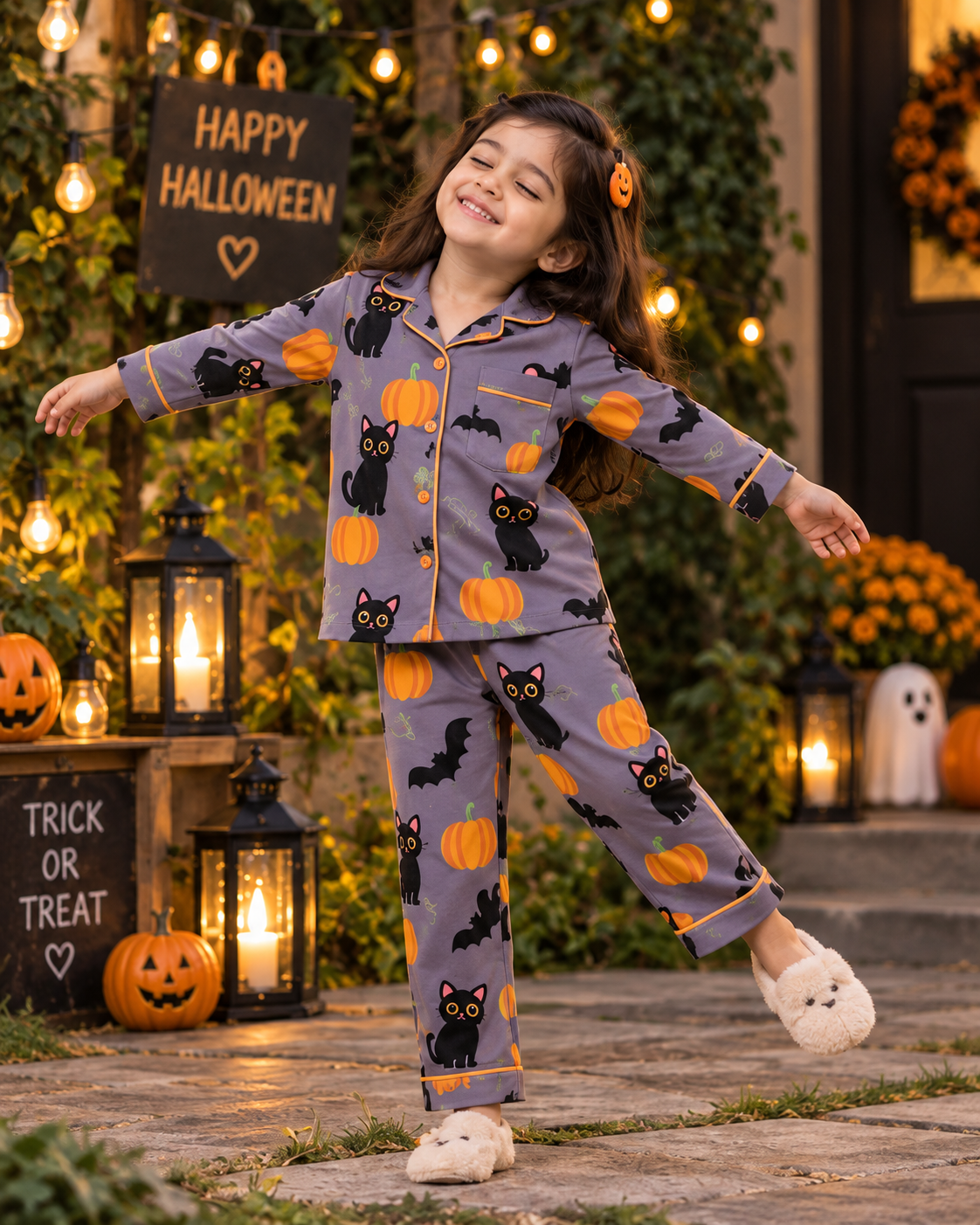 Midnight Kitty Halloween Pure Cotton Printed Pajama Set