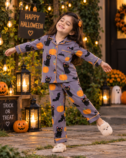 Midnight Kitty Halloween Pure Cotton Printed Pajama Set