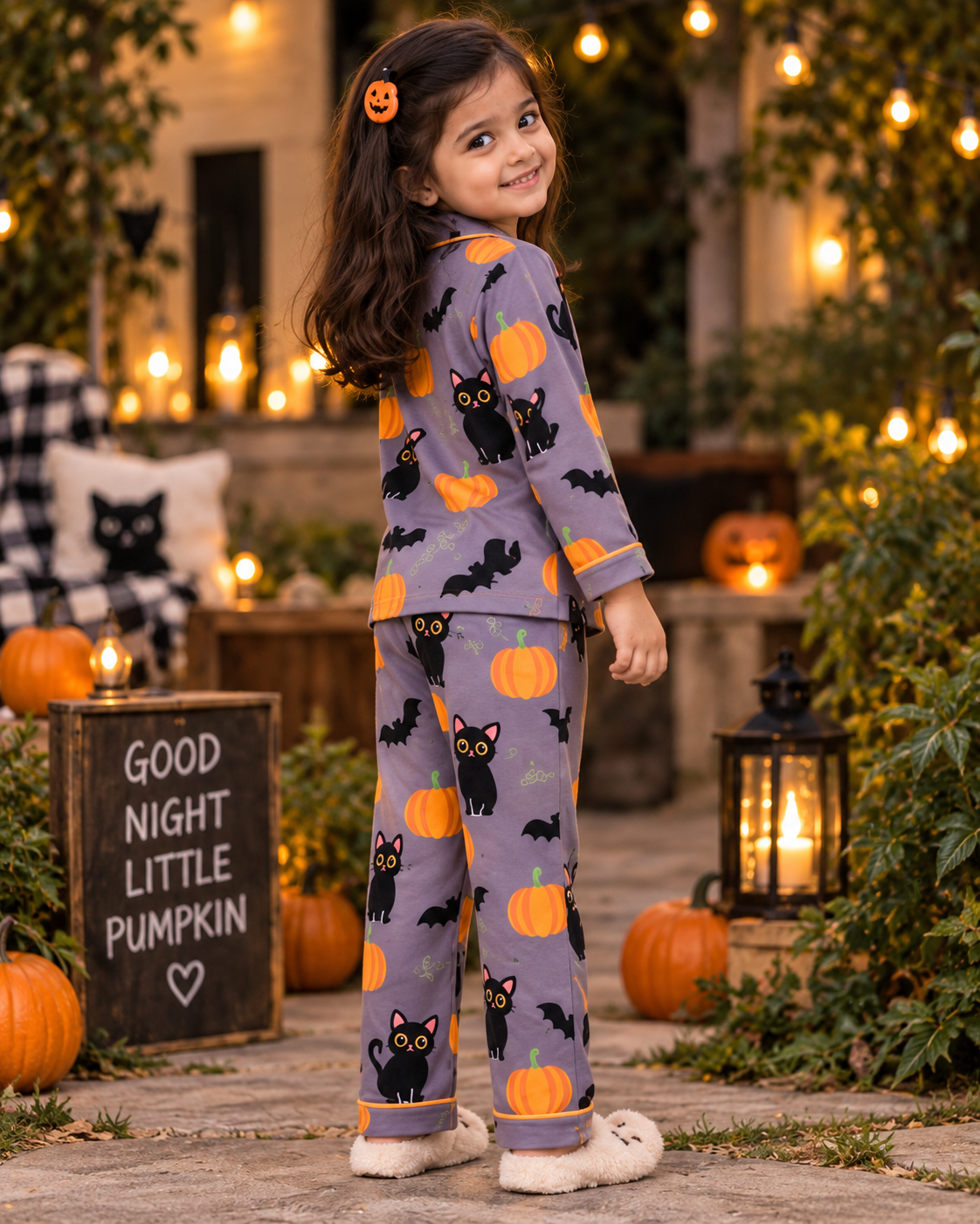 Midnight Kitty Halloween Pure Cotton Printed Pajama Set