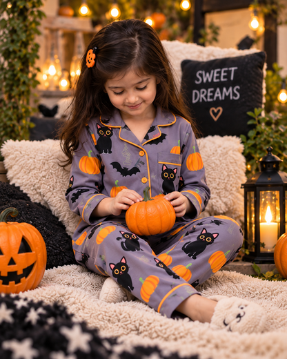 Midnight Kitty Halloween Pure Cotton Printed Pajama Set