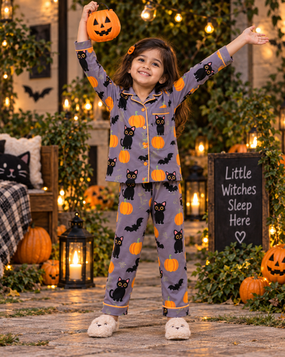 Midnight Kitty Halloween Pure Cotton Printed Pajama Set