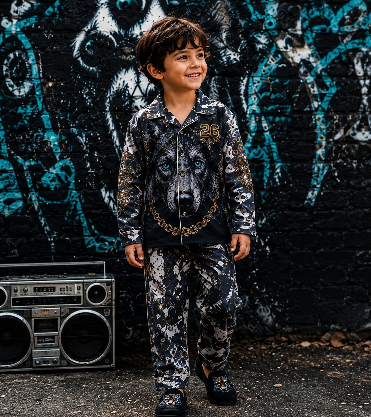 Midnight Wolf Luxe Pure Cotton Printed Nightsuit Set