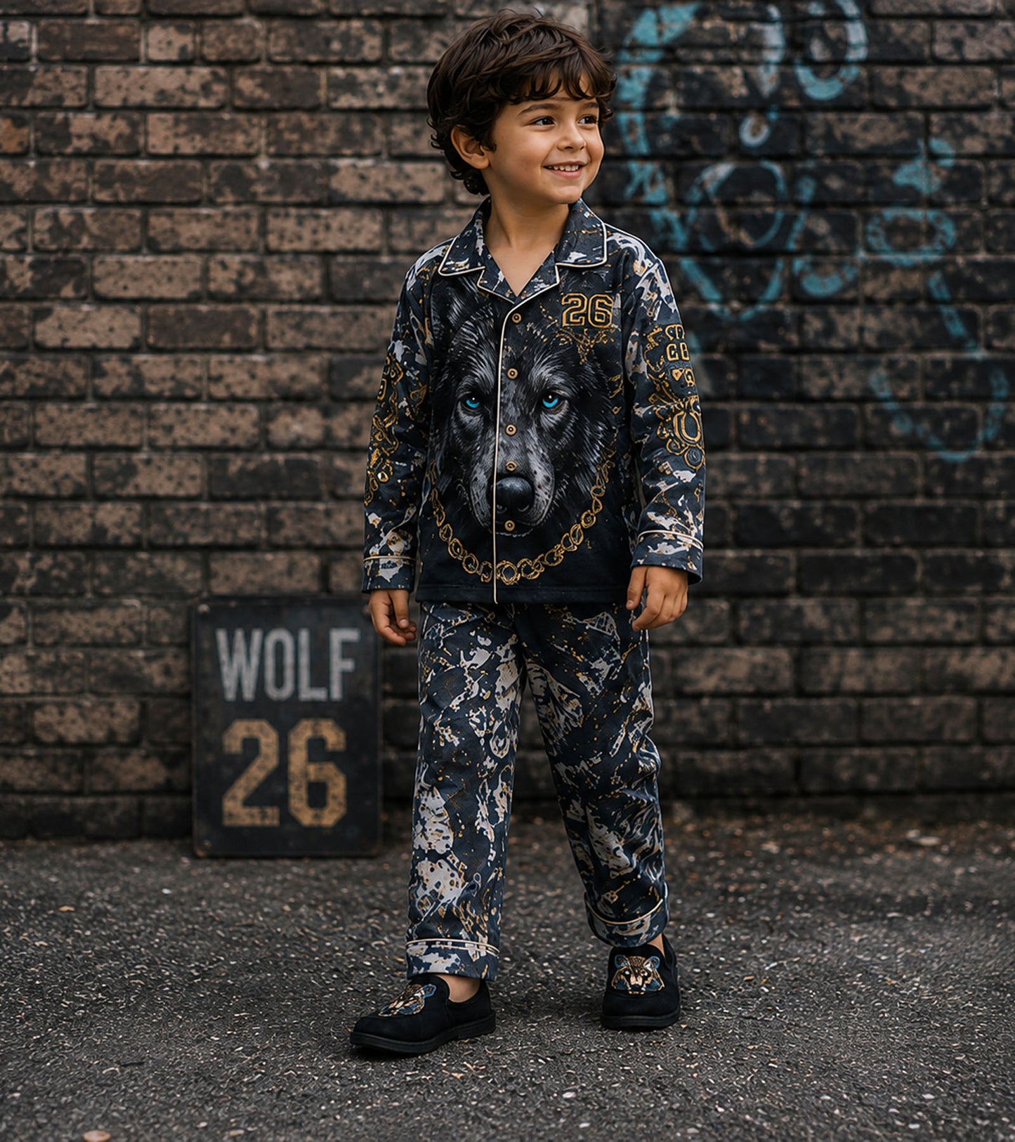 Midnight Wolf Luxe Pure Cotton Printed Nightsuit Set