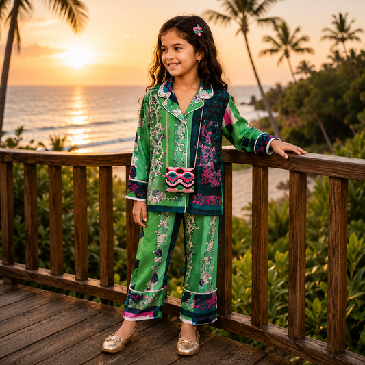 Mint Melody Printed Girls Pure Cotton Nightsuit Set