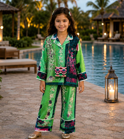 Mint Melody Printed Girls Pure Cotton Nightsuit Set