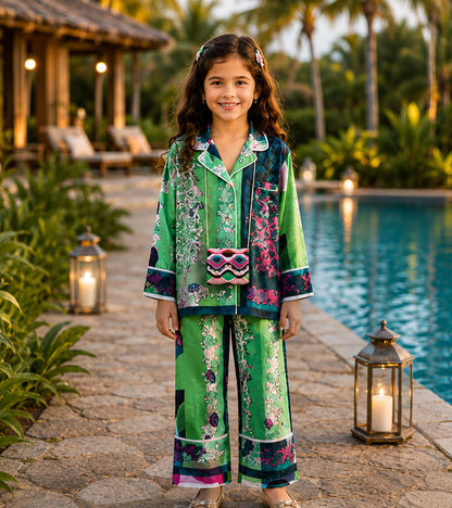 Mint Melody Printed Girls Pure Cotton Nightsuit Set