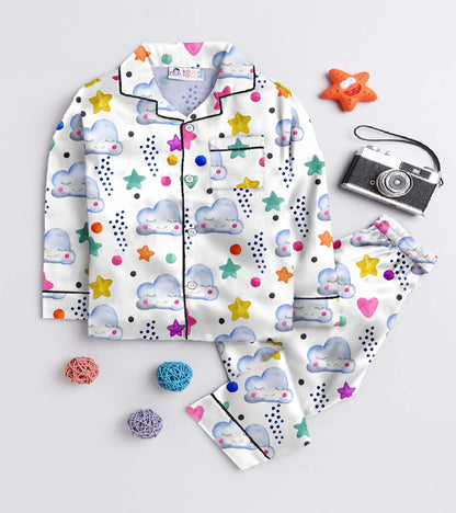 Moon and Star Printed Girls Pure Cotton Nightsuit Set