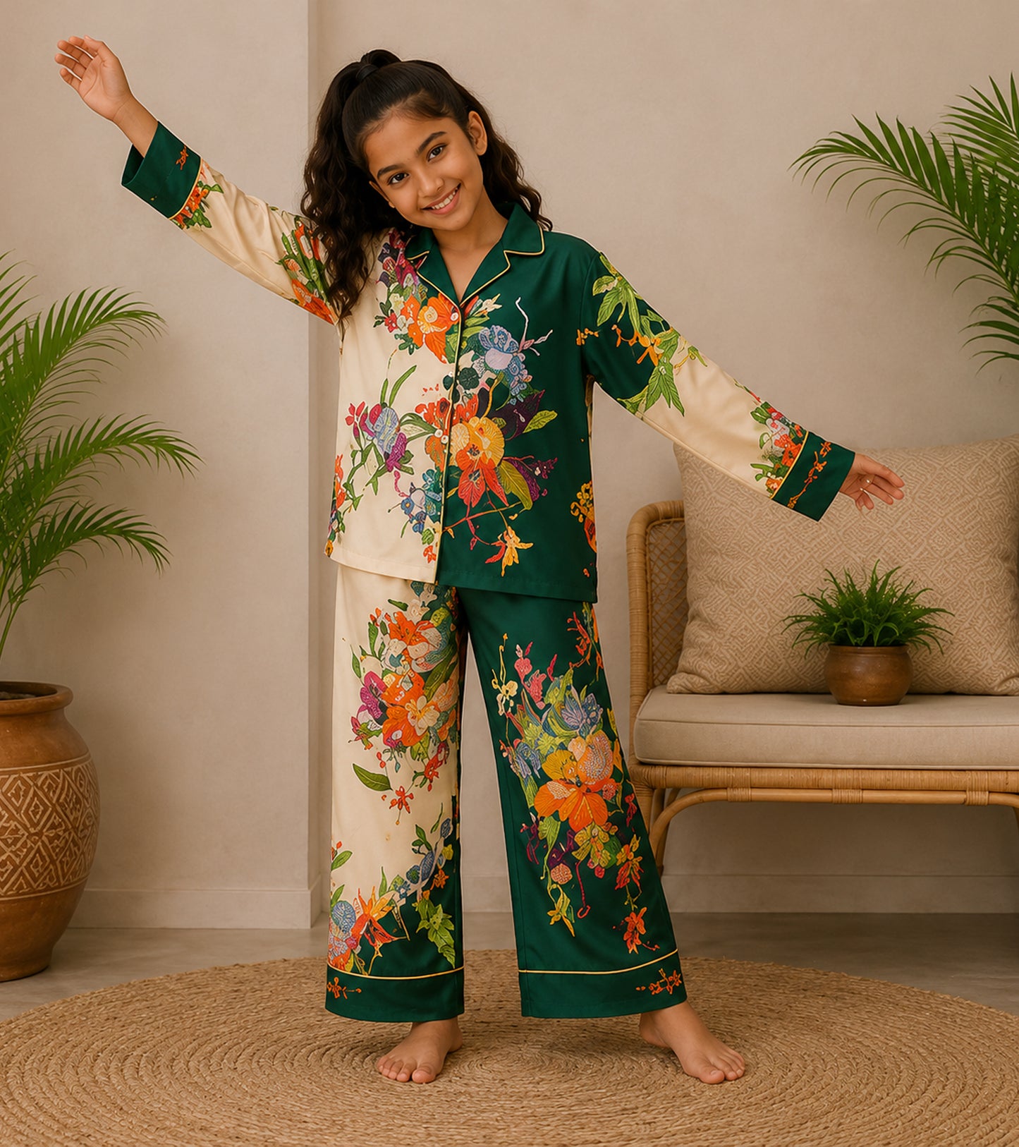 Moonlit Florals Printed Girls Pure Cotton Nightsuit Set