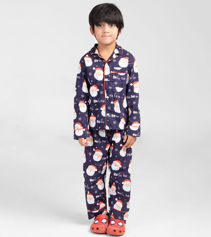 Navy Santa Face Christmas Printed Nightsuit Set