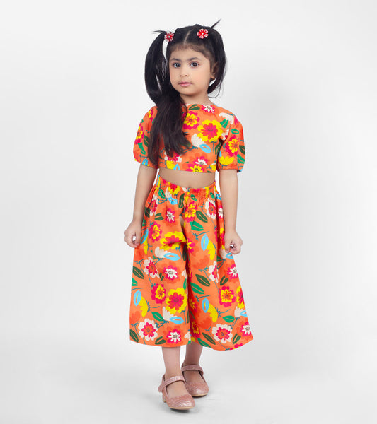 Orange Floral Printed Co ord Sets For Girls