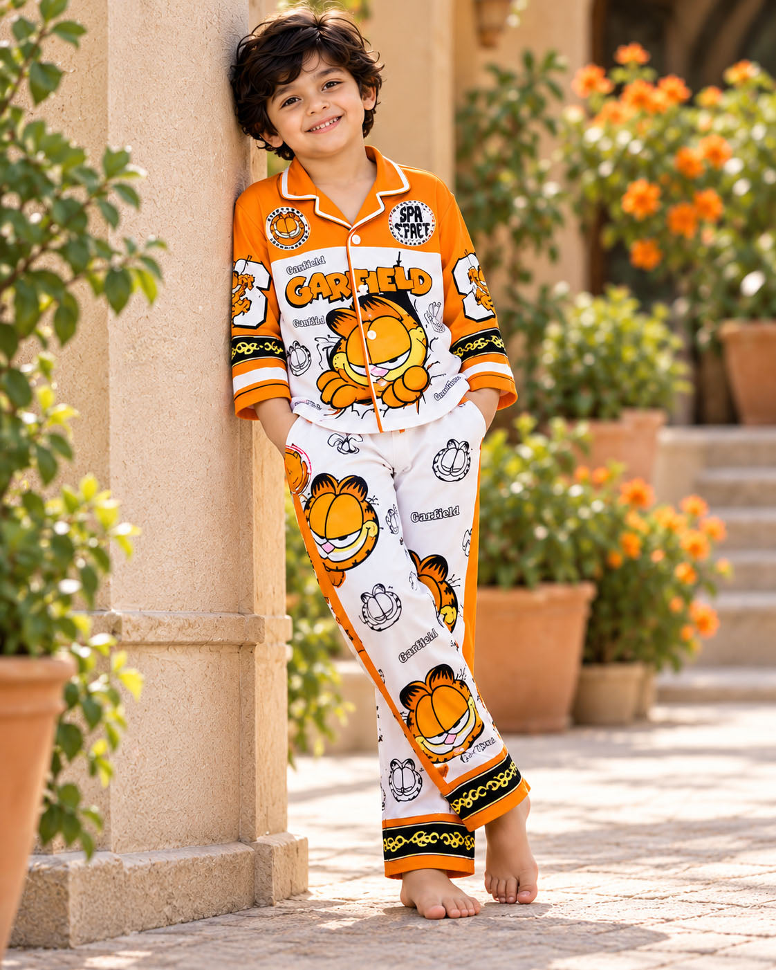Orange Mischief Pure Cotton Printed Boys Nightsuit Set