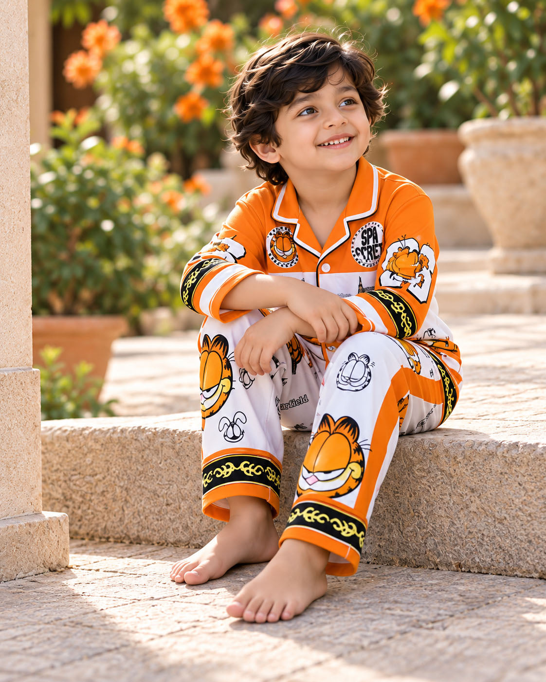 Orange Mischief Pure Cotton Printed Boys Nightsuit Set