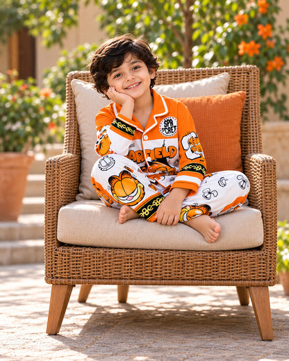 Orange Mischief Pure Cotton Printed Boys Nightsuit Set