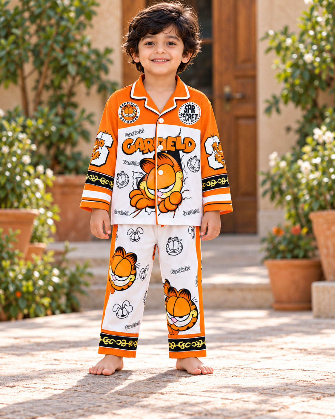 Orange Mischief Pure Cotton Printed Boys Nightsuit Set