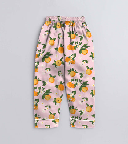 Orange Printed Girls Pure Cotton Nightsuit Set