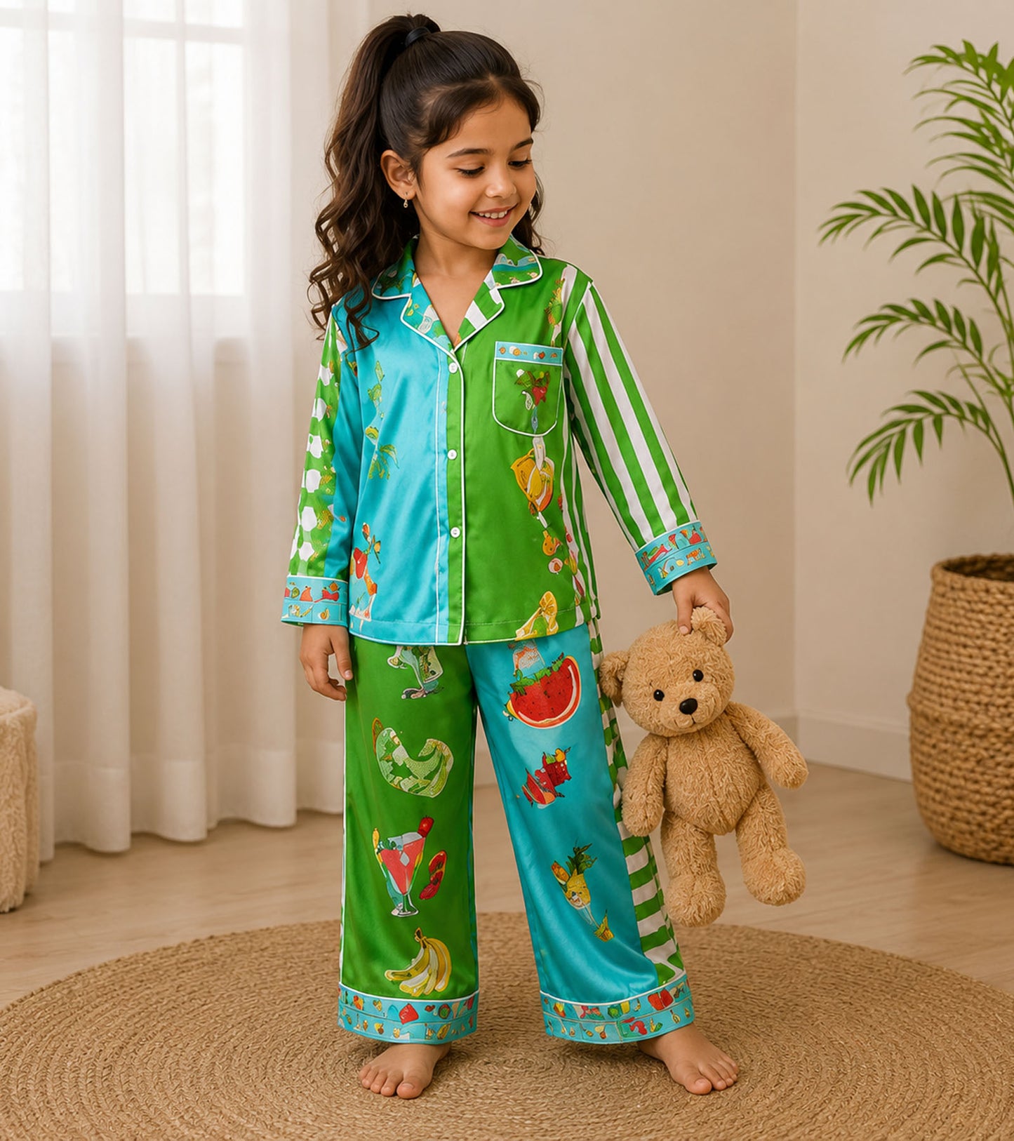 Palm Pop Printed Girls Pure Cotton Nightsuit Set