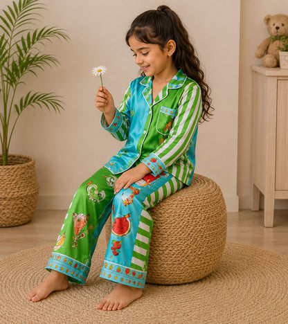 Palm Pop Printed Girls Pure Cotton Nightsuit Set
