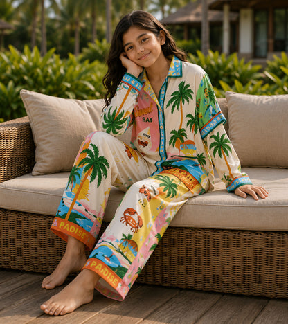 Paradise Postcard Printed Girls Pure Cotton Nightsuit Set