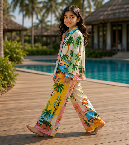 Paradise Postcard Printed Girls Pure Cotton Nightsuit Set