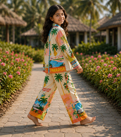 Paradise Postcard Printed Girls Pure Cotton Nightsuit Set
