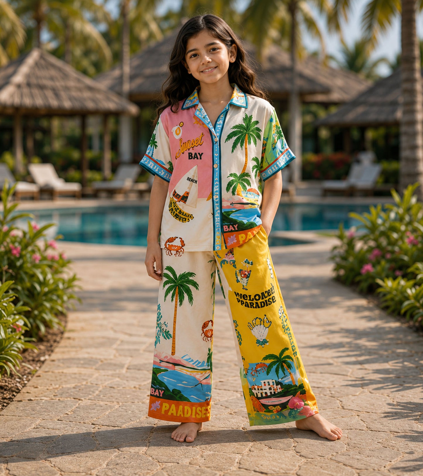 Paradise Postcard Printed Girls Pure Cotton Nightsuit Set
