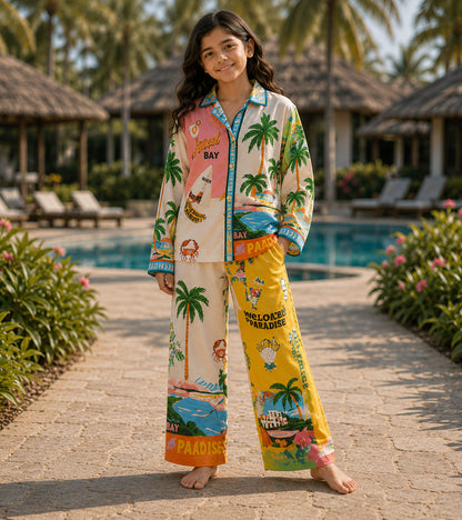 Paradise Postcard Printed Girls Pure Cotton Nightsuit Set