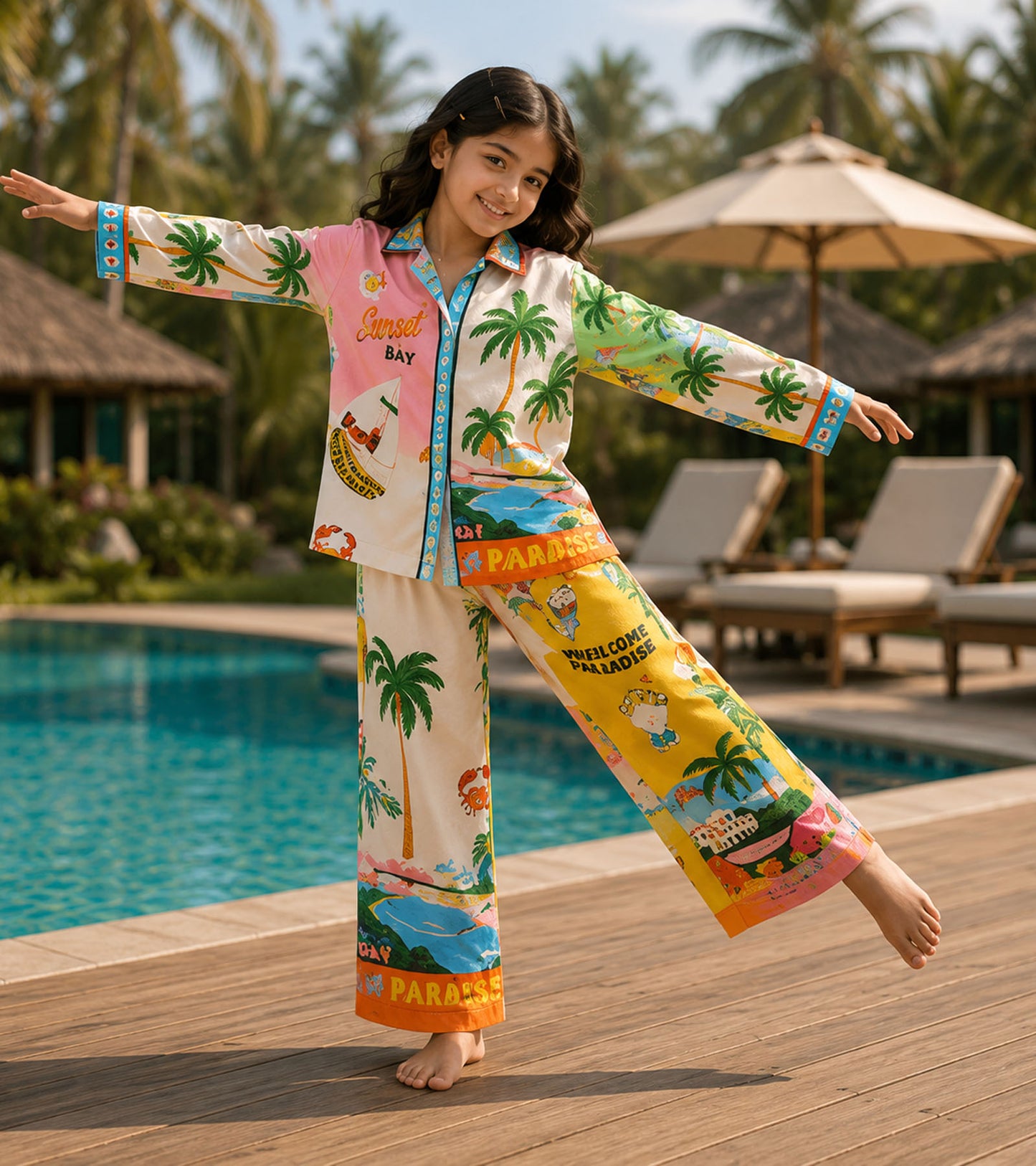 Paradise Postcard Printed Girls Pure Cotton Nightsuit Set