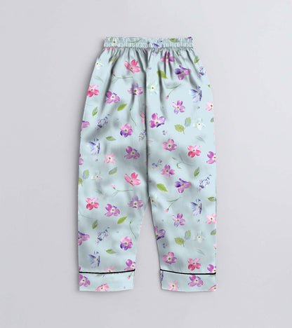 Pink Leaf Printed Girls Pure Cotton Nightsuit Set