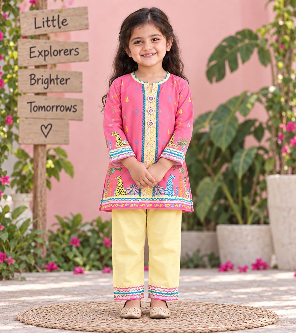 Pink Safari Girls Pyjama Kurta Set