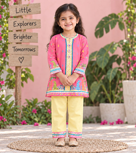 Pink Safari Girls Pyjama Kurta Set