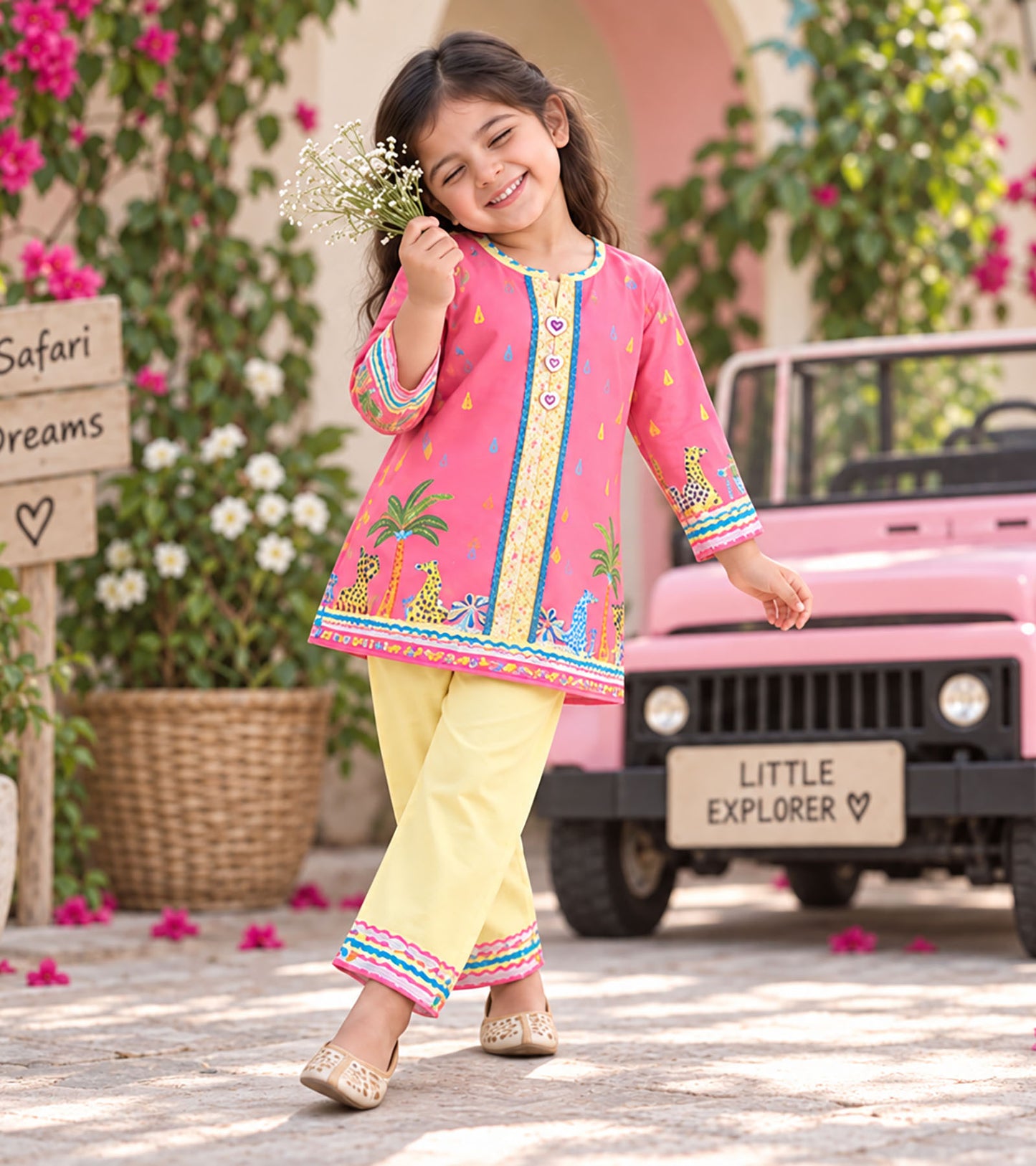 Pink Safari Girls Pyjama Kurta Set