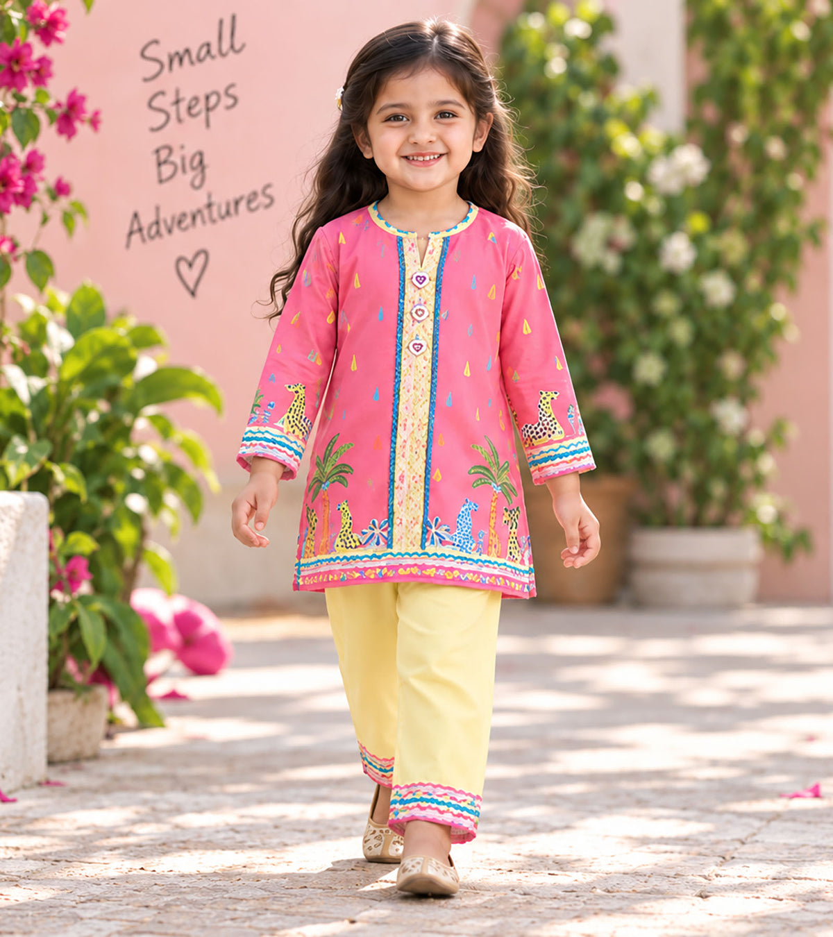 Pink Safari Girls Pyjama Kurta Set