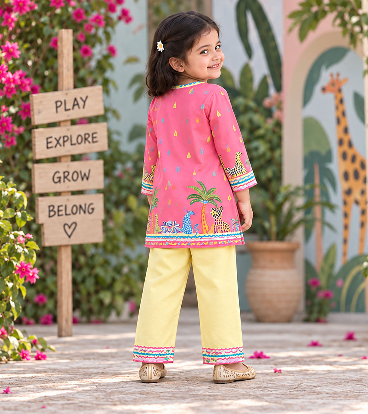 Pink Safari Girls Pyjama Kurta Set