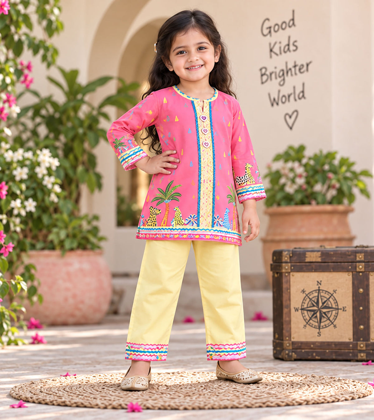 Pink Safari Girls Pyjama Kurta Set