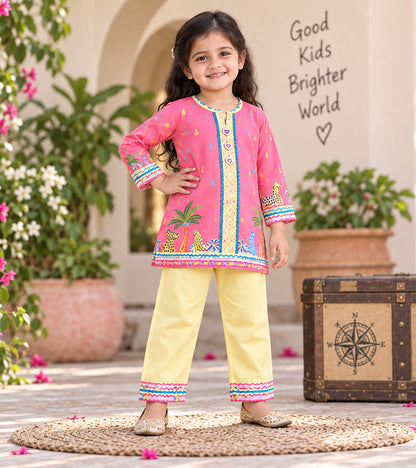 Pink Safari Girls Pyjama Kurta Set