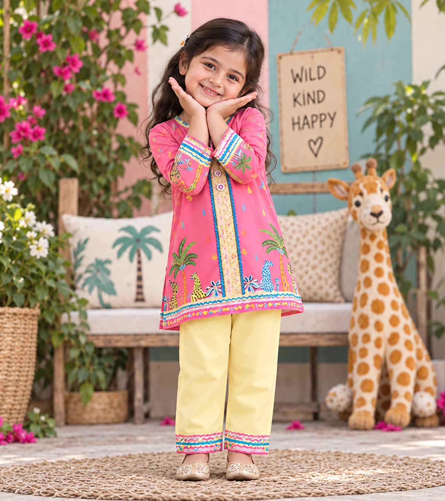 Pink Safari Girls Pyjama Kurta Set