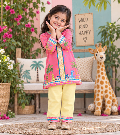 Pink Safari Girls Pyjama Kurta Set