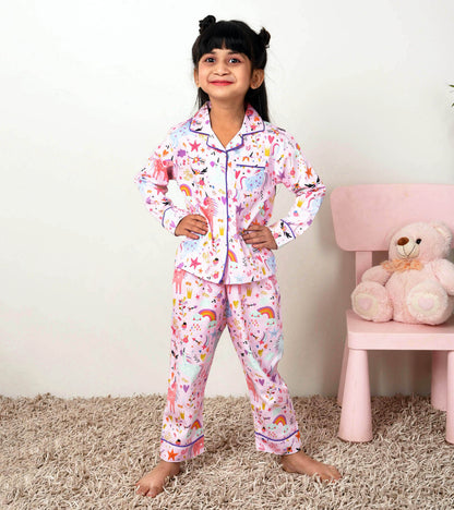Pink Unicorn Printed Girls Nightsuit Set
