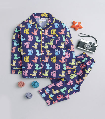 Purple Kitty Printed Night Suit Set