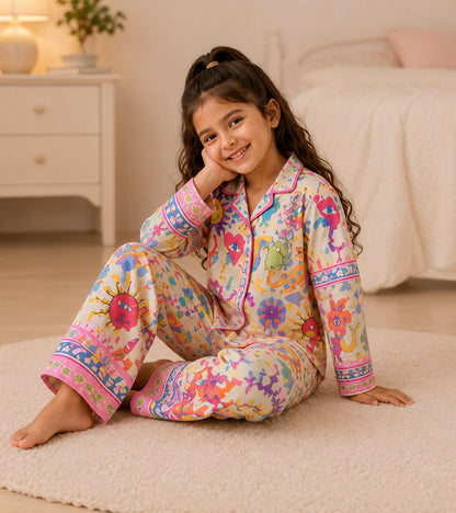 Rainbow Whimsy Printed Girls Pure Cotton Nightsuit Set