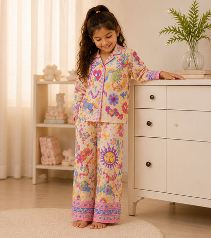Rainbow Whimsy Printed Girls Pure Cotton Nightsuit Set