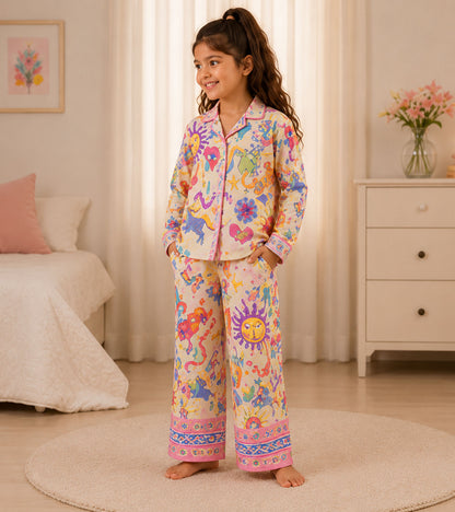 Rainbow Whimsy Printed Girls Pure Cotton Nightsuit Set
