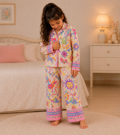 Rainbow Whimsy Printed Girls Pure Cotton Nightsuit Set