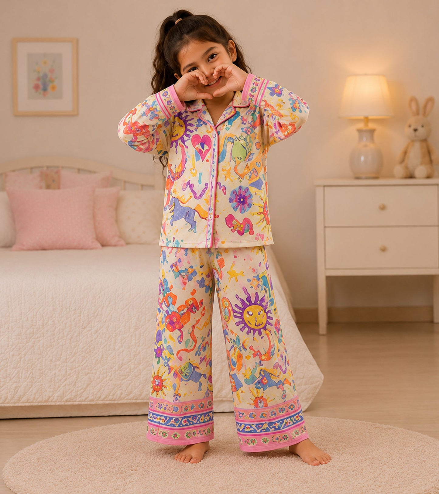 Rainbow Whimsy Printed Girls Pure Cotton Nightsuit Set