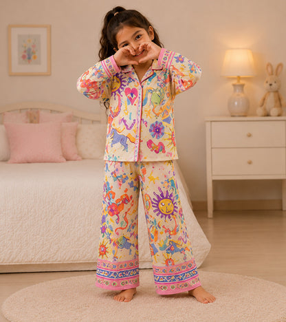 Rainbow Whimsy Printed Girls Pure Cotton Nightsuit Set