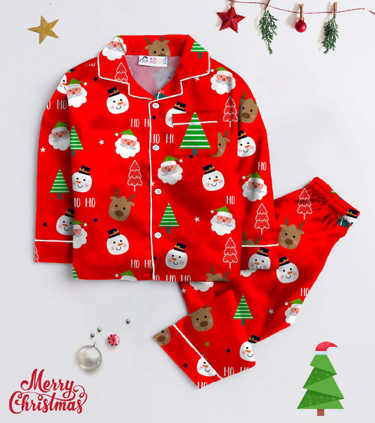 Red Ground with Santa Gift Pure Cotton Christmas Printed Nightsuit Set