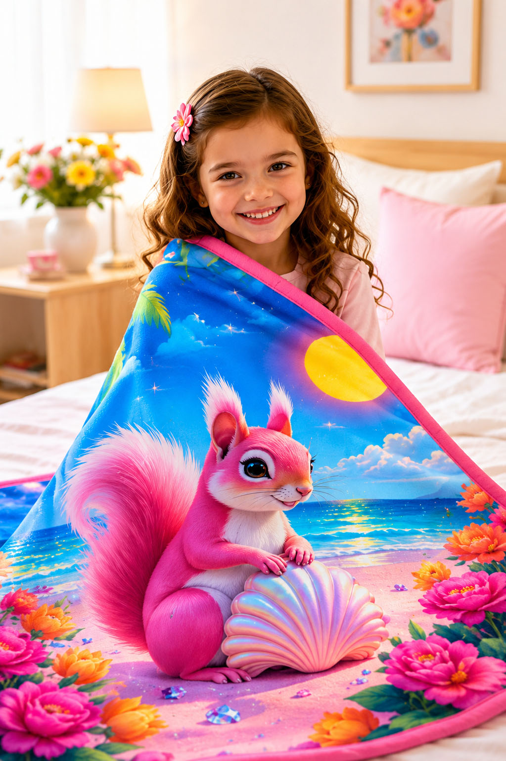 Sunny Shores Squirrel Girls Blanket Pure Cotton