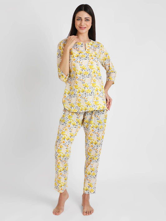 Yellow Tint Printed Nightsuit Set for Women
