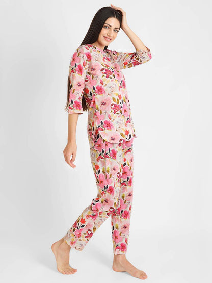 Blush Blossom Printed Nightsuit Set for Women