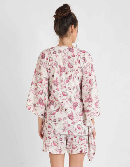 Rosy Pink Floral Print Kaftan Shorts Set